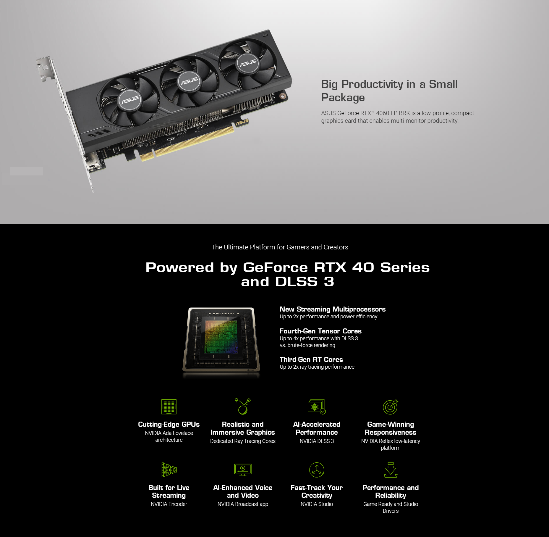 A large marketing image providing additional information about the product ASUS GeForce RTX 4060 LP BRK OC Low Profile 8GB GDDR6 - Additional alt info not provided